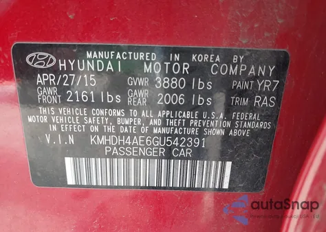 2016 Hyundai Elantra Se from USA, damaged, VIN KMHDH4AE6GU542391
